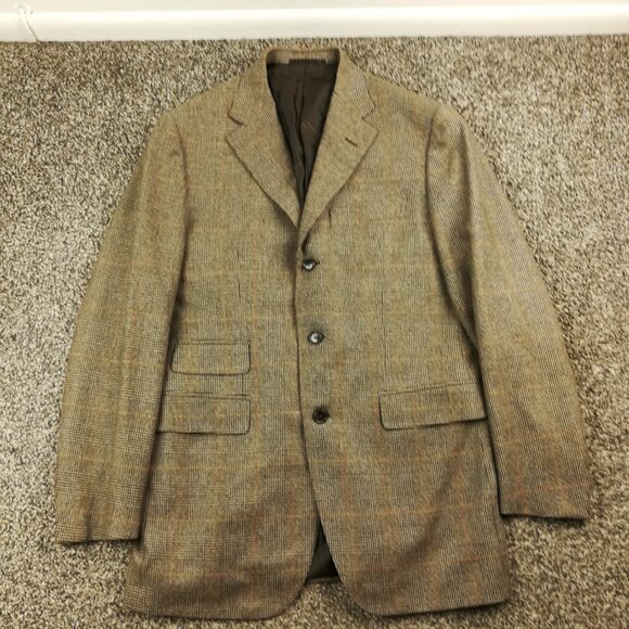 NWOT Alfred Dunhill Suit Wool Cashmere Glen Plaid Beige Brown 38R 30W Italy Made - Picture 2 of 14